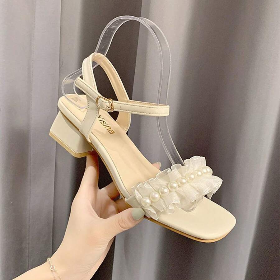 Sandalias de Punta Cuadrada Estilo Francés para Mujeres con Vestido Verano 2025 Nuevas Sandalias Romanas de Tacón Grueso con Correa de Perlas - Blanco - Ver 1