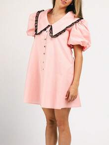 Women's Polka Dot Dress Ruffled Collar Short Puff Sleeve Button Front A-Line Mini Dress For Retro Casual Outfits - Pink - View 3