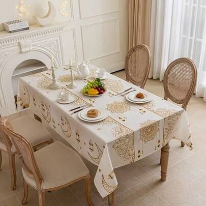 32 Stück/Set Tischdecke mit Ramadan-Motiven, mit minimalistischen Designs aus goldener Mondsichel und Laternen. Strapazierfähige rechteckige Polyester-Tischdecken, wiederverwendbar, fleckabweisend, wärmeisolierend, einfache Aufbewahrung. Geeignet für Küche, Esszimmer, Partys, Heimdekoration und ländliche Festdekorationen. In verschiedenen Größen erhältlich, eine ideale Geschenkwahl.