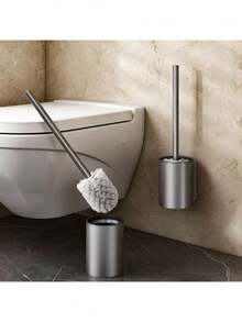 1支长柄马桶刷带支架，壁挂式浴室清洁刷，无死角清洁，不锈钢材质，浴室必备品