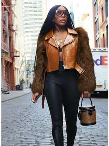 Women's Fashion Faux Fur Crocodile Print Jacket Collar Design Waist Belt Detail Zipper Closure - Lạc đà G0772 - Xem 2