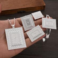 4pcs Dubai Eritrean Silver Color Jewelry Set, Includes Square Pendant Necklace, Ring, Earrings, Bracelet With Floral Pattern, Elegant Jewelry Gift For African & Middle Eastern Women Wedding - Silver - View 3