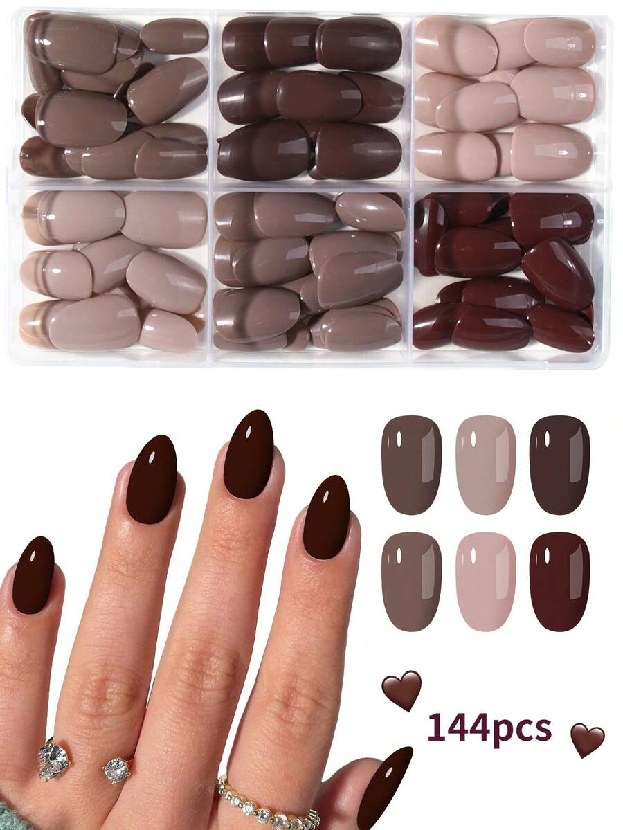 144片（6种混合款式）短椭圆形棕色和杏色亮面亚克力美甲贴纸，全覆盖假指甲，按压式美甲贴纸，包含1瓶果冻胶和1个指甲锉，适合女性和女孩日常、工作、学习和派对使用的美甲用品 - 查看 1