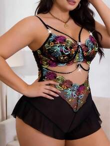 Plus Size Sexy Lingerie For Women Floral Embroidered Lace Bodysuit With Sheer Mesh & Ruffle Hem - màu đen - Xem 2
