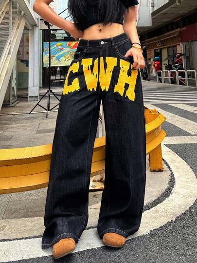 1pc Korean Street Fashion Women's Black Denim Wide Leg Jeans, Loose Fit Printed Casual Pants, Versatile All Season Denim Trousers (Belt/Accessories Not Included) Spring
