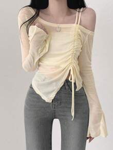 Women's Casual Vacation Style Asymmetrical Collar Flare Sleeve Drawstring Ruched Cropped T-Shirt, Spring/Summer - Apricot - View 3