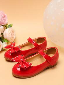 1 Pair Girls' Comfortable Versatile Flat Shoes With Bow, Rivet, Hook And Loop, Princess Shoes, Shoes - Red - View 6