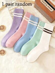 1/5 双装女士纯色条纹中筒袜，舒适休闲时尚，四季皆宜 - 彩色 - 查看 7