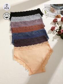 7pcs Solid Color Cotton Lace Patchwork Ribbed Sexy Romantic Comfortable Low Waist Women's Triangle Panties - Multicolor - View 2