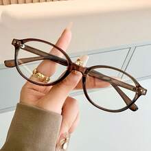 Preppy Style Oval Reading Glasses - Retro Small Frame,  Aesthetic Brown Eyeglasses, Lightweight Plastic Eyewear For Daily & Office Wear - 透明灰色 - 查看 7