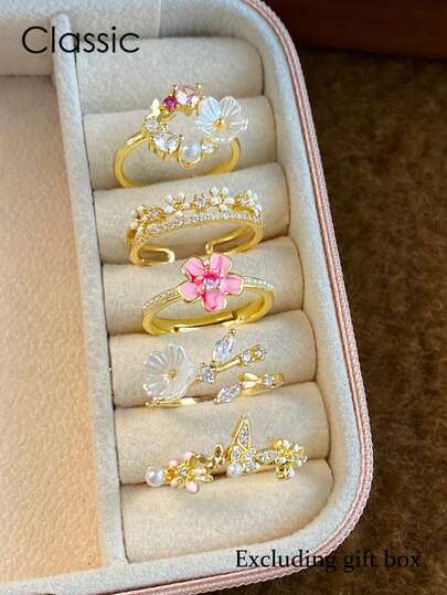 5pcs Elegant Floral, Geometric, Butterfly Design Cubic Zirconia & Faux Pearl Adjustable Open Ring Set, Suitable For Women's Daily, Vacation, Party, Casual Wear, Fashion, Spring/Summer (No Gift Box)