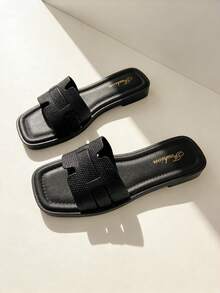 Sandalias planas de mujer de unicolor con punta abierta, sandalias de verano para mujer, nuevas sandalias de playa, elegantes y versátiles pantuflas planas de mujer, cómodas - Negro - Ver 9