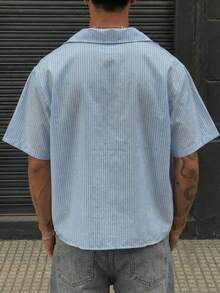 男士 Y2K 街头风撞色蓝白条纹字母印花衬衫，基础休闲外套 - 彩色 - 查看 4