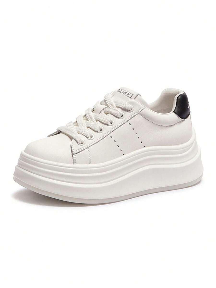 CAMEL CROWN 女士休闲运动鞋，白色新款秋季百搭透气厚底坡跟休闲运动鞋 - 白/黑 - 查看 1