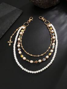 1件男士复古奢华多层水晶仿珍珠裤链，斜挎链，用于裤子装饰 - 十字架褲鏈 - 查看 2