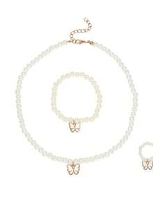 3件套珍珠首饰套装，项链、手链、戒指，蝴蝶链设计，优雅经典，甜美迷人，馈赠佳品