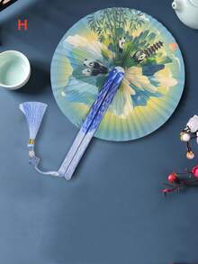 1pc Chinese Style Folding Paper Fan, Decorative Hand-Held Folding Fan, Suitable For Spring/Summer, Costume, Party, Dance Performance, Photography Props, Retro Tassel Round Fan, Classical Hanfu/Cheongsam Fan, Women Folding Fan