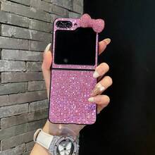 Estuche plegable de lujo rosa con lazo 3D y cristales compatible con Samsung Galaxy Z Flip3 5G/Galaxy Z Flip 4 5G/Galaxy Z Flip 5 5G/Galaxy Z Flip 6 5G/Galaxy Z Flip 7 5G, elegante y de moda - Rosa - Ver 1