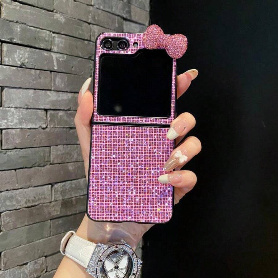 Estuche plegable de lujo rosa con lazo 3D y cristales compatible con Samsung Galaxy Z Flip3 5G/Galaxy Z Flip 4 5G/Galaxy Z Flip 5 5G/Galaxy Z Flip 6 5G/Galaxy Z Flip 7 5G, elegante y de moda - Rosa - Ver 1