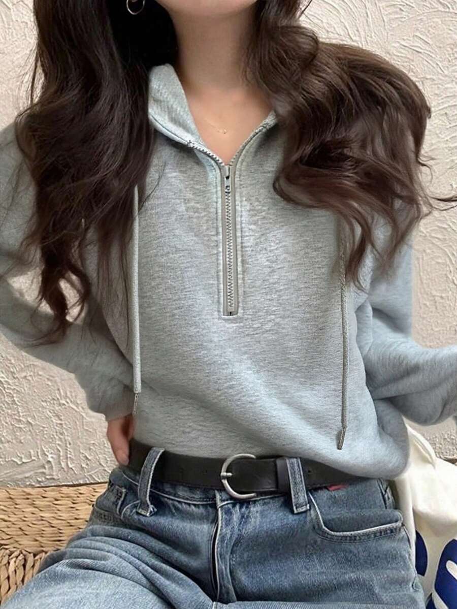 Women's Casual Long Sleeve Half-Zip Hooded Sweatshirt, Versatile For Autumn/Winter - Grey - View 1