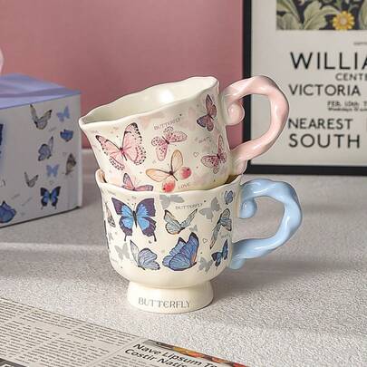 1pc, 14oz, Vintage Butterfly Floral Ceramic Cup, INS Style High Foot Mug, Handmade Ceramic Material High-Temperature Decal Underglaze Craftsmanship, Dishwasher, Microwave, Oven , Latte, Milk, Breakfast Yogurt & Oatmeal Cup, Afternoon Tea Cup, Suitable For Valentine's Day, Mother's Day, Wedding, Party, Back To School, Home Decor, Gift For Mom, Sister, Friend, Coworker