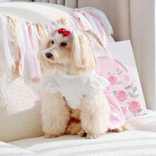 一件弹力短袖连衣裙，配有同色领结，适合宠物猫/狗穿着 - 粉色 - 查看 5