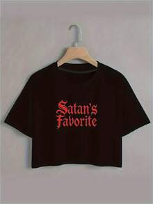 1pc Women's Y2K Gothic "Satan's Favorite" Red Punk T-Shirt - Short Sleeve Lettering Top With Satanic Print, Casual Wear For Concerts, Festivals & Daily Outfits (Birthday/Goth Style Gift) - Comfortable Short Cut For & Women American-Style Sexy Sporty Crop Top, Black Midriff-Baring T-Shirt, Summer Sportswear. - 黑色 - 查看 1