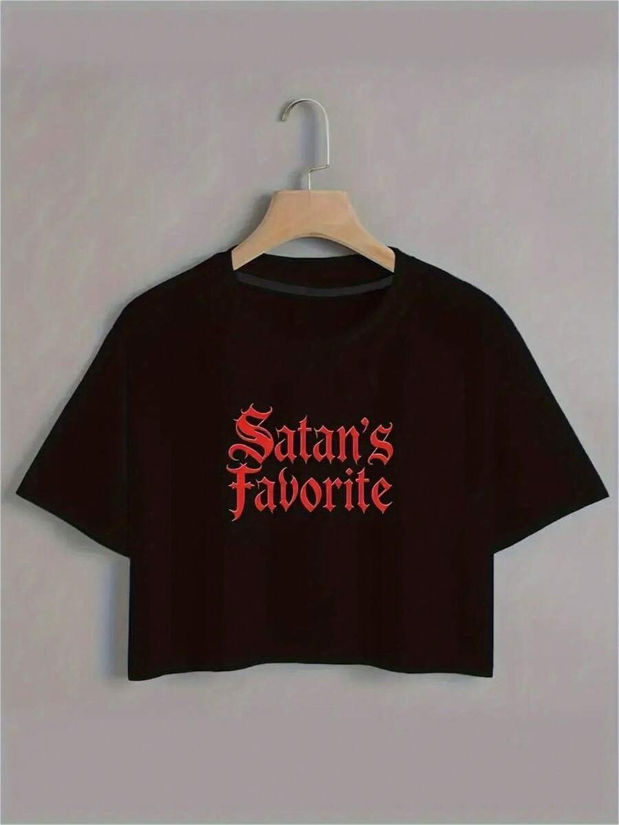 1pc Women's Y2K Gothic "Satan's Favorite" Red Punk T-Shirt - Short Sleeve Lettering Top With Satanic Print, Casual Wear For Concerts, Festivals & Daily Outfits (Birthday/Goth Style Gift) - Comfortable Short Cut For & Women American-Style Sexy Sporty Crop Top, Black Midriff-Baring T-Shirt, Summer Sportswear. - 黑色 - 查看 1