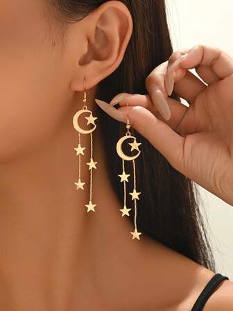 1 Pair New Creative Minimalist Long Tassel Star Moon Middle Eastern Eid Festival Gift Fashion Earrings