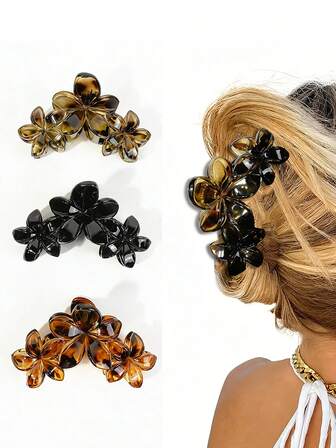 3pcs Leopard Print Vintage Flower Design Large Hair Clips, Elegant Hair Accessories For Bun Updo, Suitable For Festivals, Gifts, Everyday Wear Women Claw Clip Elegant Hair Claw
