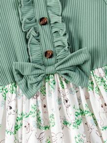 Young Girl Summer Fresh Mint Green Cap Sleeve Dress, Rabbit Print Cinched Waist Bow Design, Cute Sweet Girls A-Line Skirt - Green - View 9