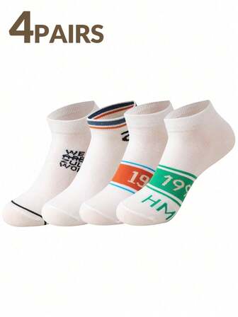 4 Pairs Women's Letter Print Fashion Short Socks, Moisture-Wicking, Machine Washable, Suitable For Daily Wear, Spring/Summer