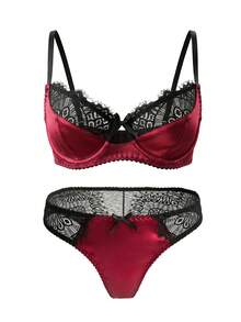 Women's Lace Patchwork Bra Set, Sexy Lace Comfortable Fitted, Fashionable Romantic Minimalist Ladies Panty And Bra Set, Valentine's Day - 酒紅色 - 查看 5