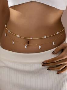 2件套仿珍珠星月吊坠，可叠戴，波西米亚风串珠腰链，适合度假、节日佩戴