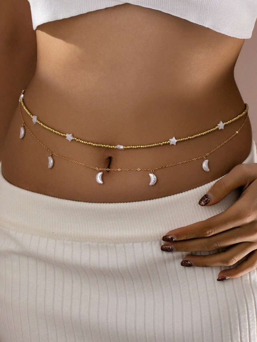 2件套仿珍珠星月吊坠，可叠戴，波西米亚风串珠腰链，适合度假、节日佩戴