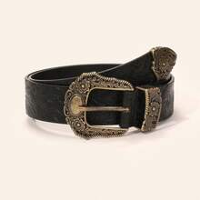 1PCS Fashion Retro Print Pattern Texture Niche Pin Buckle Wide Belt For Women Simple Artistic Versatile Belt - 黑色 - 查看 7