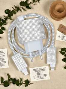 5pcs/Set Fully Rhinestoned EU Plug Data Cable Protector, Compatible With Apple EU Plug New Rhinestone Encrusted Charger, High-End Rhinestone Data Cable Protective Case, Sparkling Rhinestone Data Cable Protector, Gift For Friends, Ramadan Small Accessory Gift - Silver - View 5