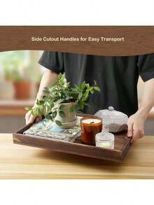 17 Inch Burnt Wood Serving Tray With Handles, Large Wooden Decorative Tray For Ottoman, Breakfast In Bed, Coffee Table, Dinner, Rectangular Tray For Living Room Bedroom Entryway And Kitchen - ColorC - 查看 3