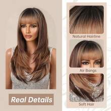 DColored Honey Brown Wigs For Women Long Straight Layered Synthetic Wigs With Bangs Heat Resistant Hair For Daily Party Use - honeybrownblonde21272 - 查看 3