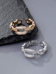 1 pieza Anillo de lujo chapado en oro con circonita cúbica ajustable - Joyería de moda para mujer - Tamaño de dedo ajustable, diseño de brazalete decorativo, detalles brillantes de circonita, joyería de moda para uso diario, regalo ideal para el Día de San Valentín, distribución de Ramadán, platos de Ramadán, regalo de Eid Al-Fitr, obsequio de Eid Al-Fitr - oval - Ver 7