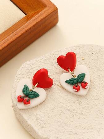 1 par de pendientes colgantes de arcilla polimérica con diseño romántico de San Valentín con flor de rosa, forma de corazón, estampado de carta de amor, abeja, relieve floral y diseño de bloque de color para mujeres, para uso diario, citas, fiestas y estilo dulce de amantes