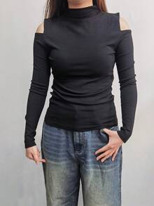 高领镂空肩针织T恤，女士修身长袖汗衫，秋冬季 - 黑色 - 查看 2