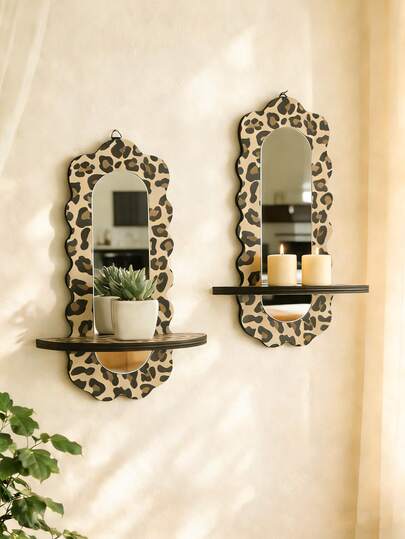 1pc/2pcs Bohemian Leopard Print Curved Mirror Wall Mounted Storage Rack Decor, Wall Mounted Mirror Display Shelf, Home Decor, Suitable For Living Room, Bedroom, Entryway, Bathroom, Apartment Wall Decoration, Mirror Storage Rack, Multifunctional Wall Mounted Mirror With Plant Shelf, Gift
