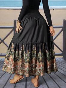 女士波西米亚风高腰褶皱印花喇叭形多层长裙，丝滑无弹力涤纶面料，优雅休闲，适合度假、海滩等场合，黑色 - 黑色 - 查看 2