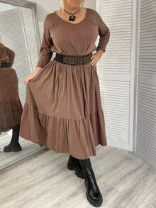 Midi Leinenkleid mit V-Ausschnitt und Rüschensaum in Große Größen, gerades Lässig-Kleid für Damen, geeignet für den täglichen Gebrauch, Urlaub, Frühling/Sommer - Bronze - Übersicht 2