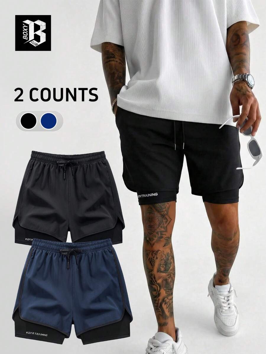 2pcs Comfortable 2 In 1 Men's Shorts, Soft Breathable Fabric, Double Layer KEFR Letter Print Drawstring Shorts, Streetwear Style, Machine Washable, Suitable For Daily Commute And Outings - Multicolor - View 1