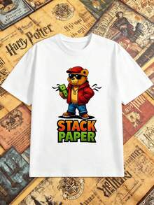 Maglietta con grafica di un orso dei cartoni animati, realizzata in morbido cotone, vestibilità ampia, casual, comoda, stampa accattivante - Bianco - Visualizzare 2