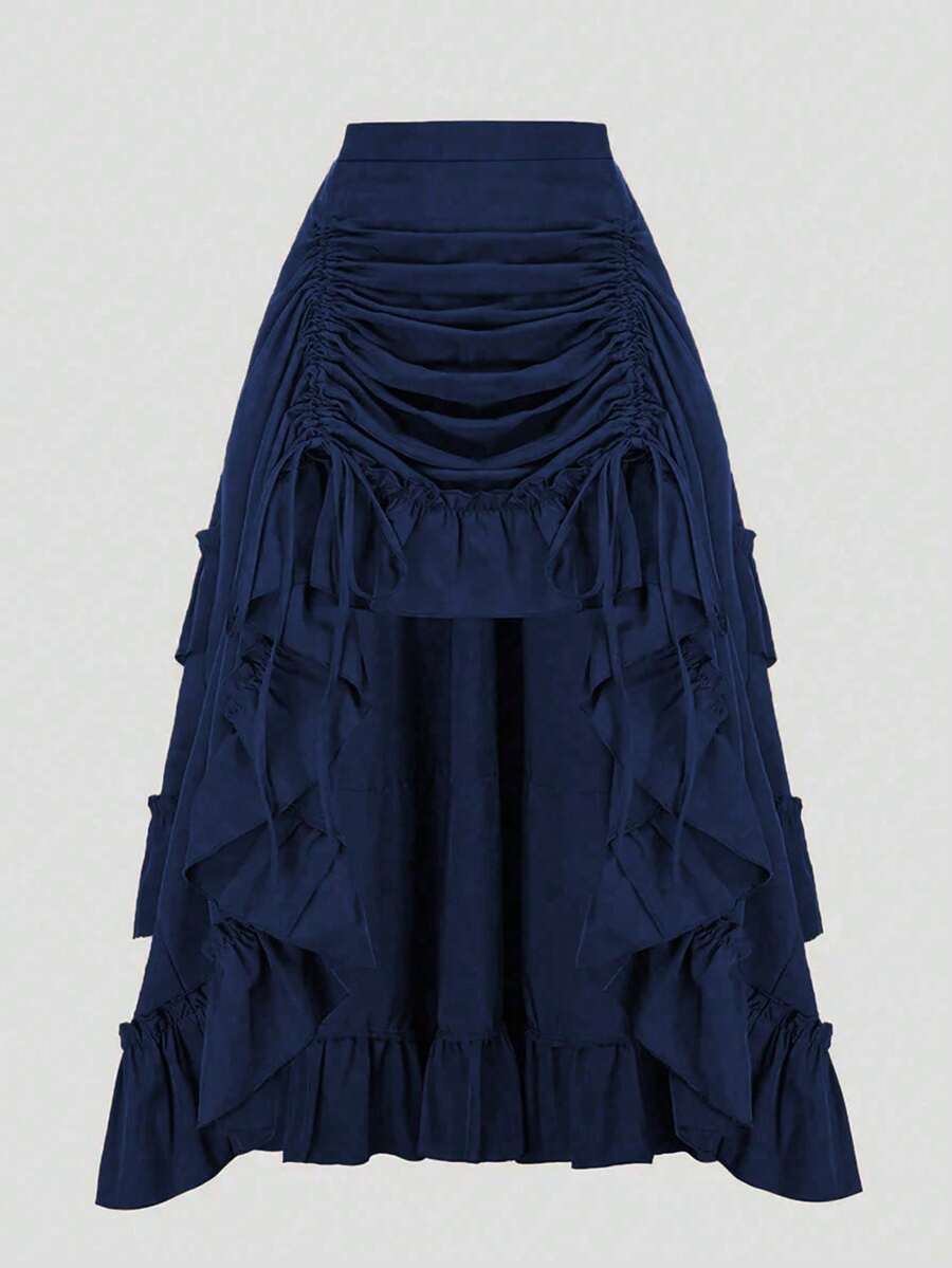 Vintage American High-Waisted Ruched Ruffled Hem Skirt, Asymmetrical Layered Mid-Length Skirt, Y2K Goth Slim Fit Skirt, Spring/Summer Asymmetrical Ruched Gothic Style Skirt - Blue - View 1