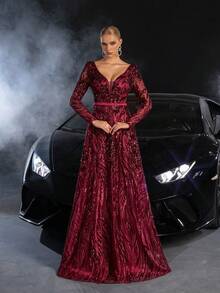 Faeriesty 女士正式晚礼服，深V领设计，薄纱长袖，后背系带，优雅A字廓形，亮片装饰修身红毯礼服，适合音乐节、盛大晚宴、周年纪念、红毯活动、新年派对、婚礼、度假等场合。春季穿着。 - 酒紅色 - 查看 1