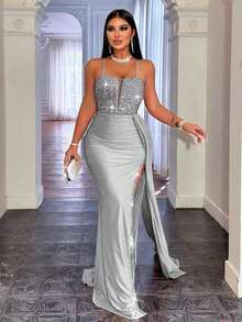 CHOSMO 大码女士优雅派对成熟浪漫简约亮片拼接露背吊带裙，灰色闪亮绷带优雅派对成熟浪漫简约亮片露背亮片拼接吊带女士大码鸡尾酒会礼服婚礼春季 - 灰色 - 查看 8